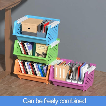 4 Packs Plastic Storage Basket Stackable, Stacking Storage Baskets Open Front