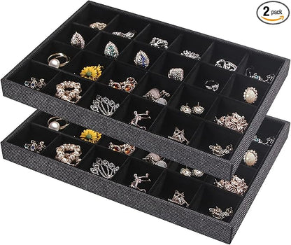 Julysky 2 Pack 24 Grids Jewelry Organizer Trays Ring Earring Display Stand for Selling, Black Velvet Necklace Holder Box Bracelet Case