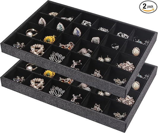 Julysky 2 Pack 24 Grids Jewelry Organizer Trays Ring Earring Display Stand for Selling, Black Velvet Necklace Holder Box Bracelet Case