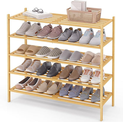 Smiry Long Bamboo Shoe Rack 5-Tier, Stackable Wooden Shoe Organizer for Entryway & Closet, Free Standing Wood Shoe Storage Shelf for Front Door & Small Spaces, Natural