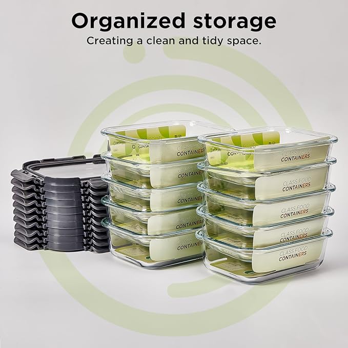 Spreccio Glass Food Storage Containers with Lids, 10 Pack of 21oz, Glass Meal Prep Container with Airtight Lids, Microwave Safe Food Container Set, BPA Free, LeakProof, Ideal for Lunch