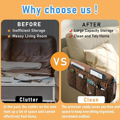 Gloserin Armchair Caddy, Sofa Armrest Organizer, Non Slip Recliner Organizer, Remote Control Holder for Recliners, Couch Caddy with 14 Pockets Storage for TV Remote, Phone, Magazine (Brown)