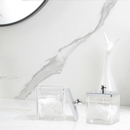 Indecor Home Glass Cotton Jar Holder 2 Pack– Silver/Chrome Lid, Elegant Bathroom Storage Canister for Qtips, Cotton Balls, Floss, Makeup Organizer, Vanity & Bathroom Organization