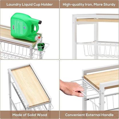 4 Tier Slim Rolling Storage Cart with Pull-Out Baskets, Narrow Sliding Storage Slim Laundry Cart Slim Rolling Kitchen Cart