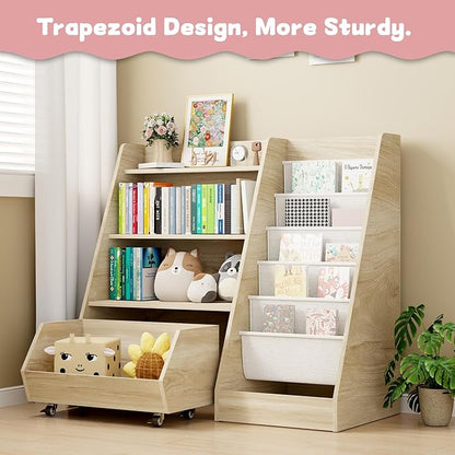 COZPAW Kids Bookshelf and Toy Storage, 4 Tier Toddler Bookshelf with Movable Drawer (Oak)
