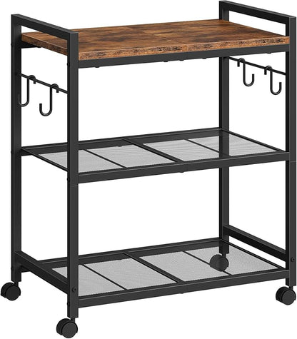 3-Tier Rolling Bar Cart, Vintage Metal Kitchen Cart with Wheels, Mobile Storage Shelf, Rolling Microwave Stand with Mesh Shelves for Home Bar, Kitchen, Rustic Brown and Black TTC06BF