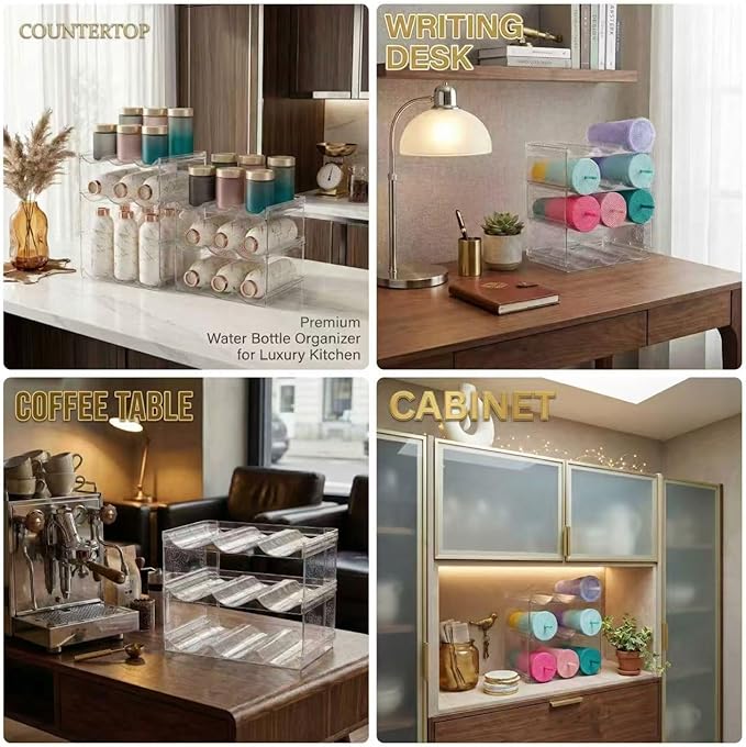 Stackable Water Bottle Organizer for Cabinet, Plastic Bottle Holder Designed for Starbucks Studded Tumblers up to 40oz, Plastic Cup Holder&Wine Rack for Pantry,Cupboard- 6 Layers Hold 18 Bottles
