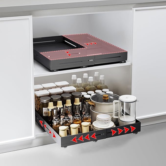 Pull-out Cabinet Organizer,Adjustable Depth(15.7"-24.4") And Width(12.8"-20.5"),3 Silent slides and 2 Support Pulleys,Easy to Assemble and Heavy-Duty Storing slide-out drawer,Black