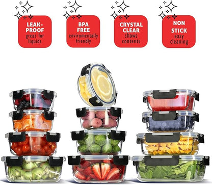EATEX 24pc Glass Storage Containers with Lids, 12 Set Glass Food Storage Containers with 12 Airtight Lids, Pantry Kitchen Meal Prep Containers for Lunch, Freezer Storage Containers, Jet Black