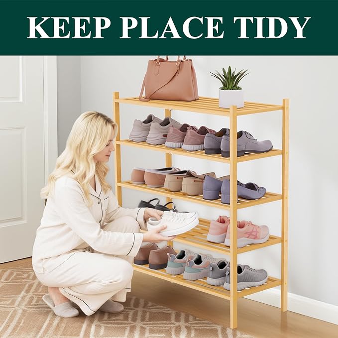 Smiry Bamboo Shoe Rack 5-Tier, Stackable Wooden Shoe Organizer for Entryway & Closet, Free Standing Wood Shoe Storage Shelf for Front Door & Small Spaces, Natural