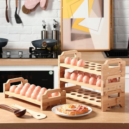 4 Tier Wooden Egg Holder for Countertop, Bamboo Stackable Fresh Eggs Storage Farmhouse Collecting Rack for Gathering Kitchen Organizer or Easter Egg Display, Stackable with 72 Eggs(Wood)