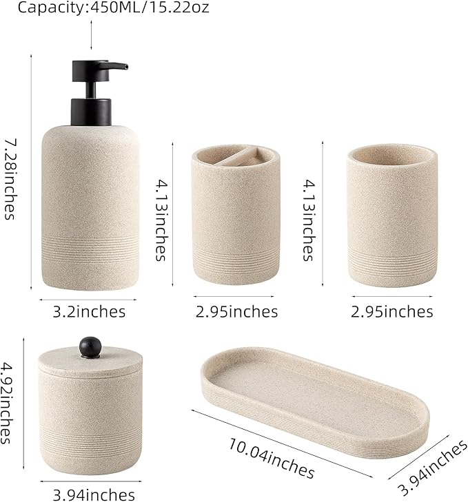 Haocoott Bathroom Accessories Set, 6 PCS Modern Bathroom Accessory Set with 15.2 OZ Soap Dispenser, Toothbrush Holder, Vanity Tray, Tumbler, 2 PCS Qtip Holders (Beige)
