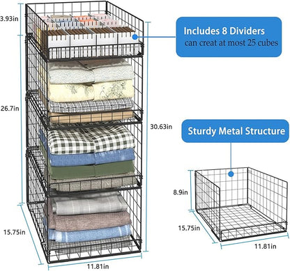 4 Pack Closet Organizers and Storage Shelves for Clothes, 4 Tier Stackable Closet Storage Basket Bin Container for Clothing Sweater Jean, Narrow, Foldable, Sturdy Metal System Organizer Shelf