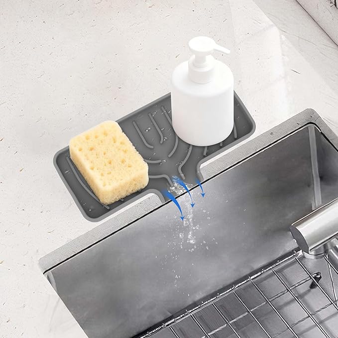 Silicone Sponge Holder for Kitchen Sink With Drain Spout, Self Draining, Kitchen Soap Tray, Bathroom Organizer, Sink Caddy, Perfect for Dispenser, Scrubber, Bottle, Cup on Counter-10"×4" (Grey)