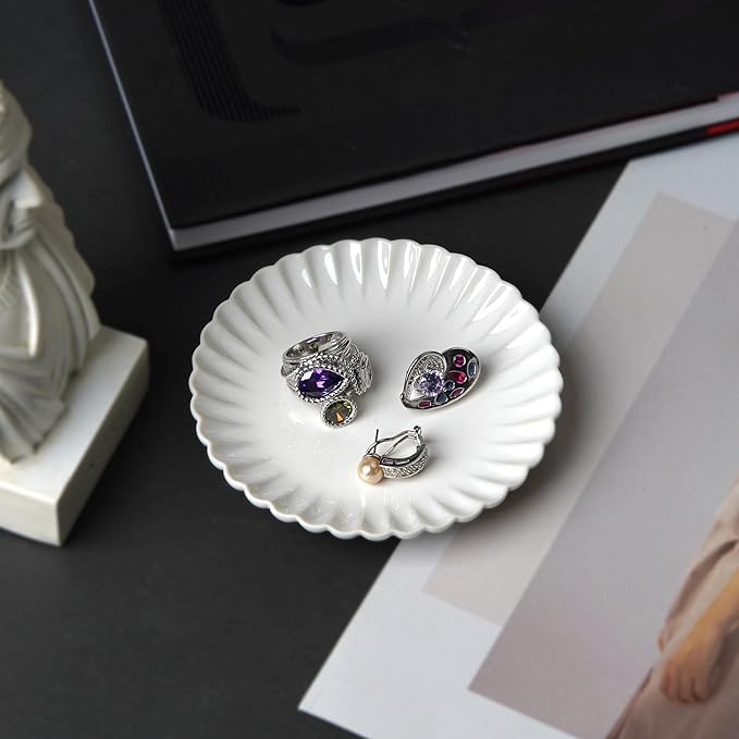 Ceramic Jewelry Dish, Decorative Tray for Rings Earrings Necklaces Bracelet Watch Keys, 4.50" Trinket Tray as Gifts for Women (White Wave)