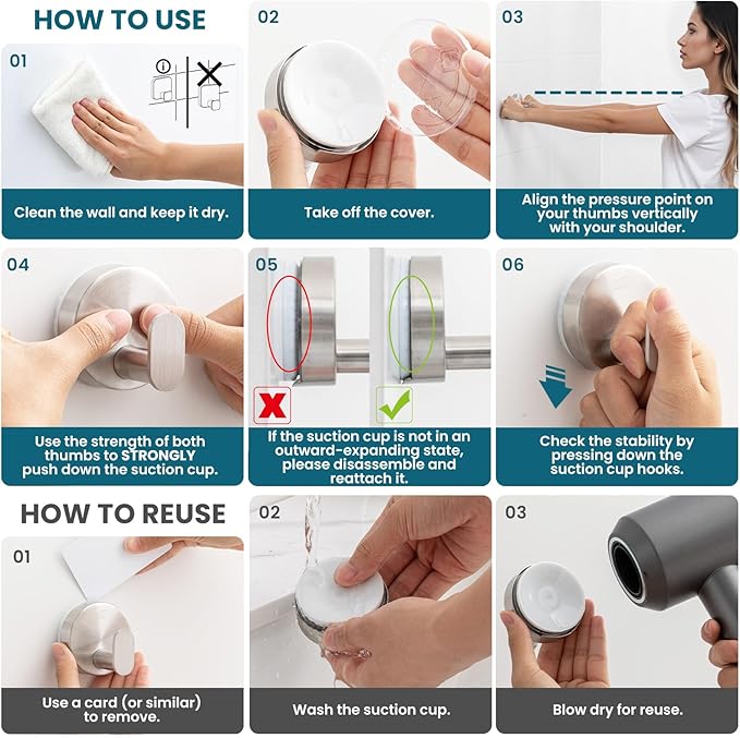 TAILI 304 Stainless Steel Bathroom Suction Hooks for Towel, Bathrobe, Loofah, No Damage Hanging Glass Shower Wall Hook, Patented Strong Suction Cup Holder, Hold Up to 11 Lbs, 2 Pack, Silver