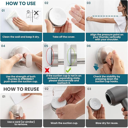 TAILI 304 Stainless Steel Bathroom Suction Hooks for Towel, Bathrobe, Loofah, No Damage Hanging Glass Shower Wall Hook, Patented Strong Suction Cup Holder, Hold Up to 11 Lbs, 2 Pack, Silver