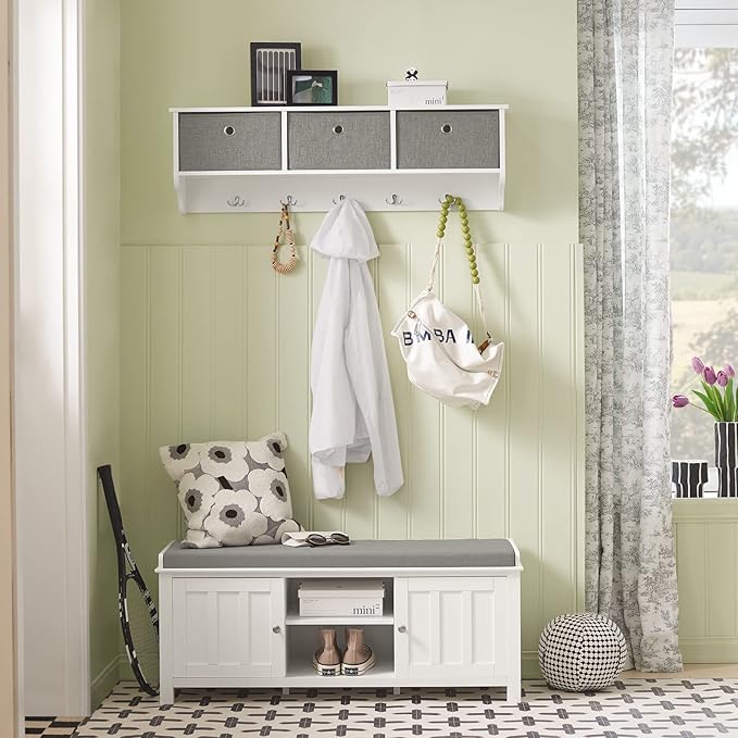 SoBuy Wall Shelf with Hooks, Coat Rack Wall Mounted with Shelf, Entryway Wall Cubby Storage Cabinet Unit with 3 Baskets 5 Hooks, Wihte, FRG282-W