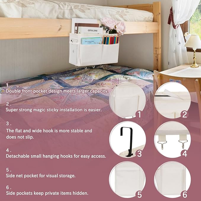 Frjjthchy Bedside Storage Organizer 5 Pockets with 4 Hooks Hanging Storage Bag for Headboards/Bunk Bed (White)