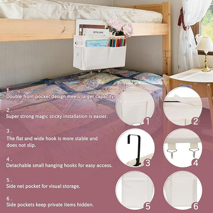 Frjjthchy Bedside Storage Organizer 5 Pockets with 4 Hooks Hanging Storage Bag for Headboards/Bunk Bed (White)