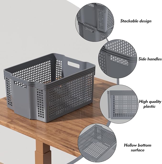 Zopnny 6-Pack Stackable Plastic Woven Basket Organizer, Large Stacking Storage Basket Bin, Grey