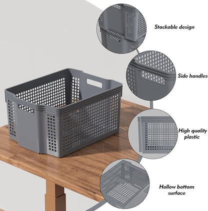 Zopnny 6-Pack Stackable Plastic Woven Basket Organizer, Large Stacking Storage Basket Bin, Grey