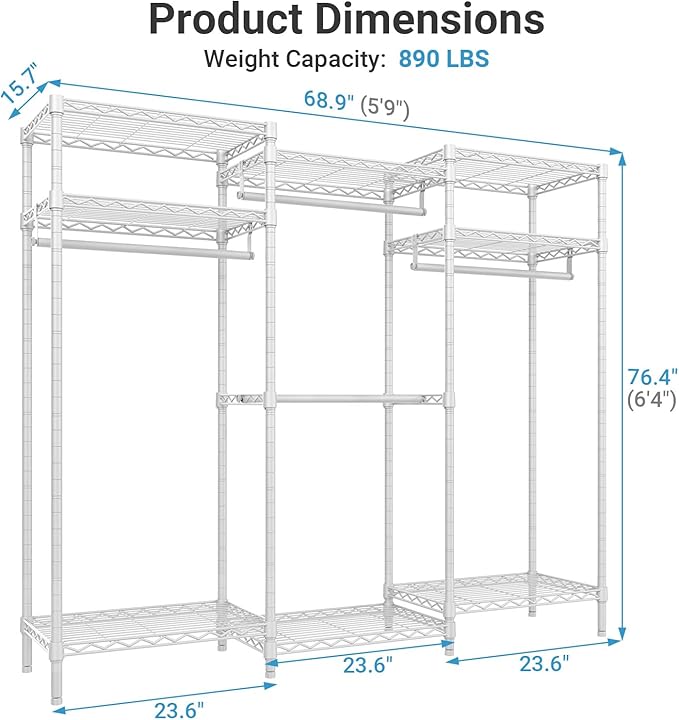 VIPEK V5i Garment Rack Heavy Duty Clothes Rack for Hanging Clothes, Portable Wardrobe Closet Freestanding Clothing Rack with 8 Adjustable Shelves & 4 Hang Rods, 68.9" L x 15.7" W x 76.4" H, White
