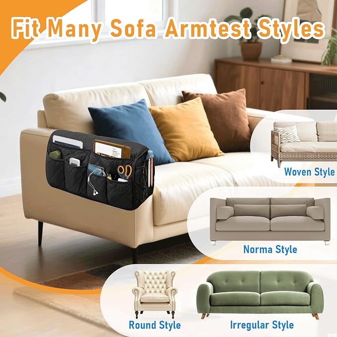 Gloserin Armchair Caddy, Sofa Armrest Organizer, Non Slip Remote Control Holder for Recliners, Recliner Arm Caddy with 14 Pockets Storage for TV Remote, Phone, Magazine (Black)