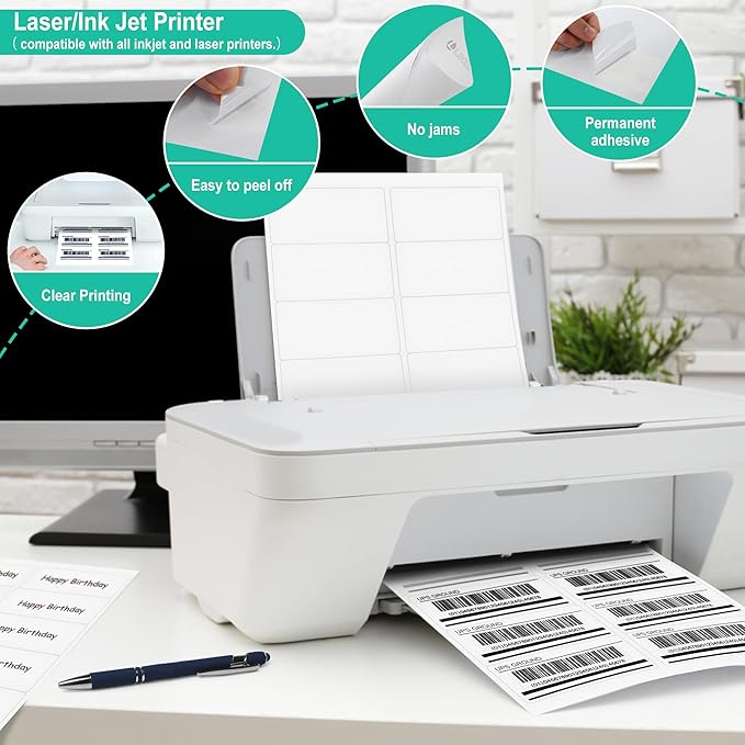 L LIKED 2" x 4" Label Stickers, Printable White 10 per Sheets Total 1000 Labels for Laser/Inkjet Printing - Matte (1000 Labels) (Pack of 2)