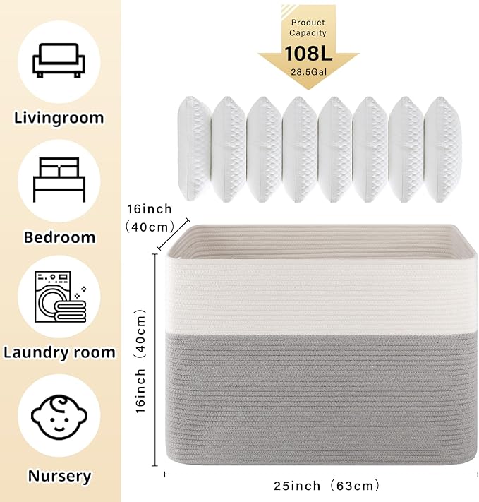OIAHOMY 108L Extra Large Blanket Basket, 25”x16”x16” Laundry Basket, Blanket Storage for Living Room, Dog Toy Storage with Handle - Grey & White