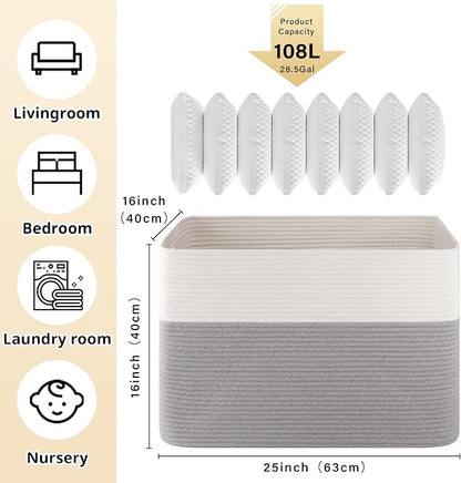 OIAHOMY 108L Extra Large Blanket Basket, 25”x16”x16” Laundry Basket, Blanket Storage for Living Room, Dog Toy Storage with Handle - Grey & White
