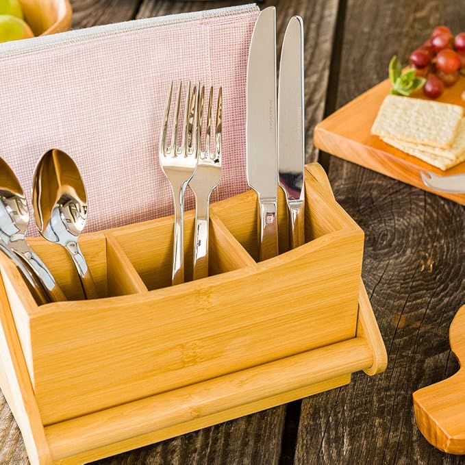 Restaurantware-8.25 x 5 x 9.25 Inch Silverware Caddy With Napkin Holder, 1 Durable Outdoor Utensil Holder - Built-In Handle, 4 Slots, Bamboo Picnic Silverware Holder, For Knives, Forks, And Spoons,