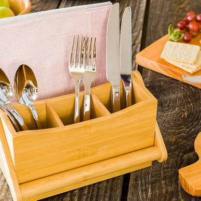 Restaurantware-8.25 x 5 x 9.25 Inch Silverware Caddy With Napkin Holder, 1 Durable Outdoor Utensil Holder - Built-In Handle, 4 Slots, Bamboo Picnic Silverware Holder, For Knives, Forks, And Spoons,