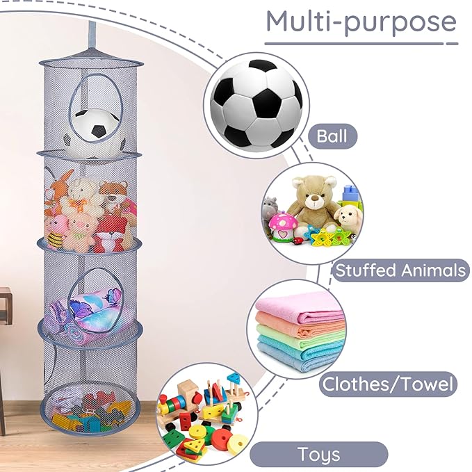 Basumee Stuffed Animals Net or Hammock 2 Pcs Stuffed Animals Storage Toy Net Hammock for Plushies Storage Organizer Mesh Kids Girls Room Decor, Gray, 4 Tiers