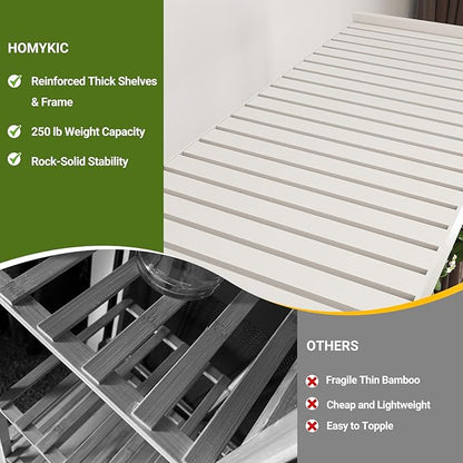Homykic Bamboo Clothes Rack with Shelves and Double Hang Rods, Portable Closet System Garment Rack for Hanging Clothes, Tall Clothing Rack Corner Closet Organizer, Easy to Built, Freestanding, White