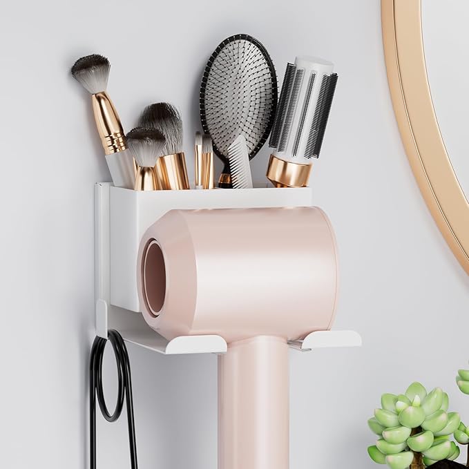 MAYZOLOP Hair Dryer Holder Wall Mounted, Hair Tools Organizer, Bathroom Space-Saving Blow Dryer Organizer Curling Irons Storage Wall Mounted White (Self-Adhesive and Drilling)