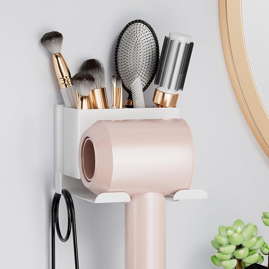 MAYZOLOP Hair Dryer Holder Wall Mounted, Hair Tools Organizer, Bathroom Space-Saving Blow Dryer Organizer Curling Irons Storage Wall Mounted White (Self-Adhesive and Drilling)