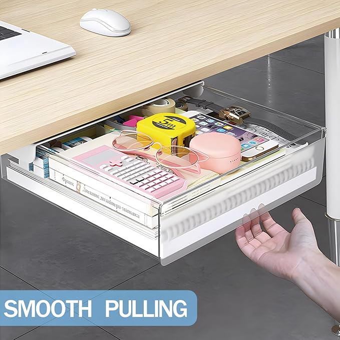 Large Under Desk Table Drawer Storage Organizer A4,Desk Accessories & Workspace Organizers,Hidden Self-Adhesive Under Table Pencil Tray Drawer for Office(Clear White)