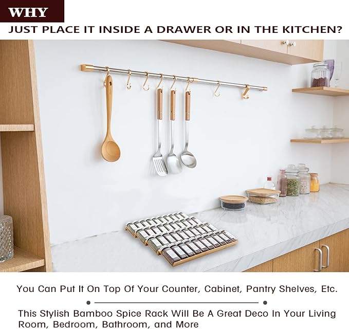 Angimio Bamboo Spice Rack Drawer Organizer - 8 Pieces Set- 9" Wide Per Piece - Combine Pieces Into 18" Wide Rack (9" or 18")