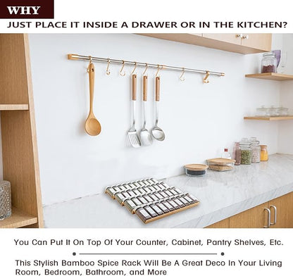 Angimio Bamboo Spice Rack Drawer Organizer - 8 Pieces Set- 9" Wide Per Piece - Combine Pieces Into 18" Wide Rack (9" or 18")