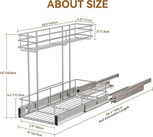 Under Sink Organizer 9"W X18.5"D，Pull Out Cabinet Organizer 2 Tier，Under Sink Slide Out Organizer Chrome Plated, Under Kitchen Bathroom Sink Organizer, Pantry Cabinet Closet Organization Rack, 1 Pack