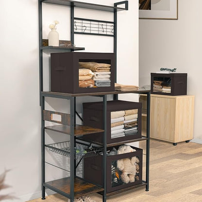 Stackable Storage Bins with Lids - Large Storage Box with Lids, Foldable Closet Boxes for Organizing, Wardrobe Clothes Organizer with Window, Cubes Bins for Living Room, 6 Pack, Brown