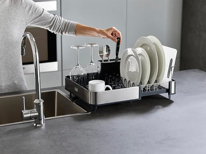 Joseph Joseph Extendable Dish Drying Rack with Dual Parts - Stainless Steel, Non-Scratch, Movable Utensil Drainer & Drainage Spout, Gray