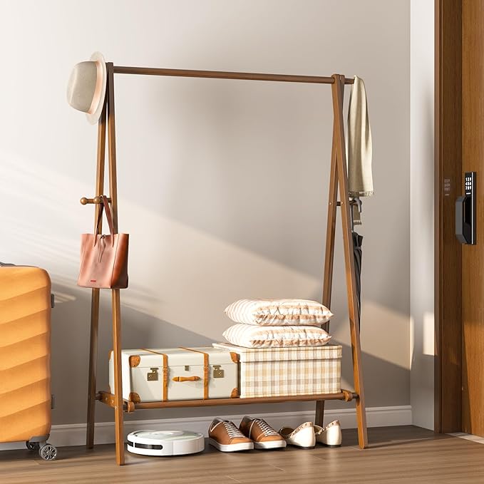 Solid Wood Clothes Rack with Shelves - Collapsible Clothing Racks for Hanging Clothes, Garment Rack with Shelves & 6 Hooks, Hanging Racks for Clothes, Bedroom, Entryway, Kids Room - Walnut