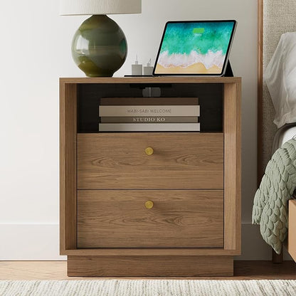 FORTUNETEC Nightstand Set of 2 with Charging Station, Mid Century Modern Nightstand with Wood Grain Texture, Minimalist End Table with Drawers Storage, Bedside Table for Bedroom Living Room, Walnut