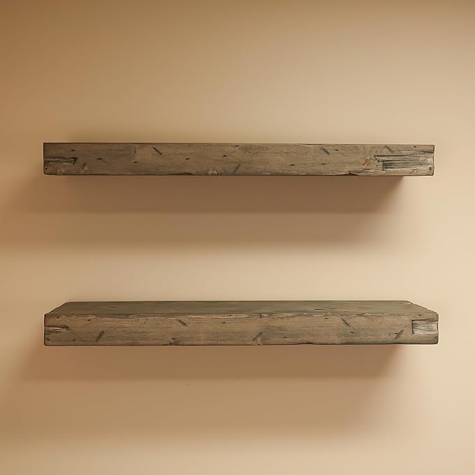 Urbandi Rustic Distressed Floating Shelves, Set of 2, Handmade Out of Pine Wood, 3 Inch Thick, Made in USA (Aged Barrel, 24Lx3Hx6D)