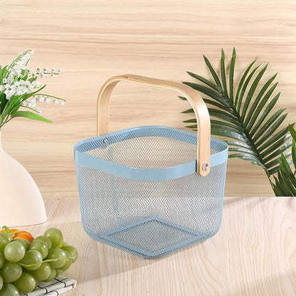 Metal Mesh Wire Basket, Small Steel Basket with Wooden Handle Storage Organizer Basket Multi-functional Hanging Kitchen Baskets Fruit Baskets for Kitchen Bathroom Cabinet Pantry Snacks, Blue