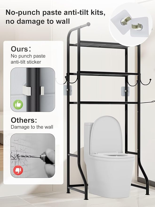 JUKAMO 3-Tier Over The Toilet Storage Shelf，Bathroom Organizers and Storage Over Toilet，Metal Bathroom Space Saver with 2 Bars，1 Paper Holder and 4 Hooks,Black
