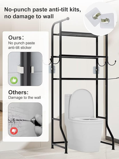 JUKAMO 3-Tier Over The Toilet Storage Shelf，Bathroom Organizers and Storage Over Toilet，Metal Bathroom Space Saver with 2 Bars，1 Paper Holder and 4 Hooks,Black