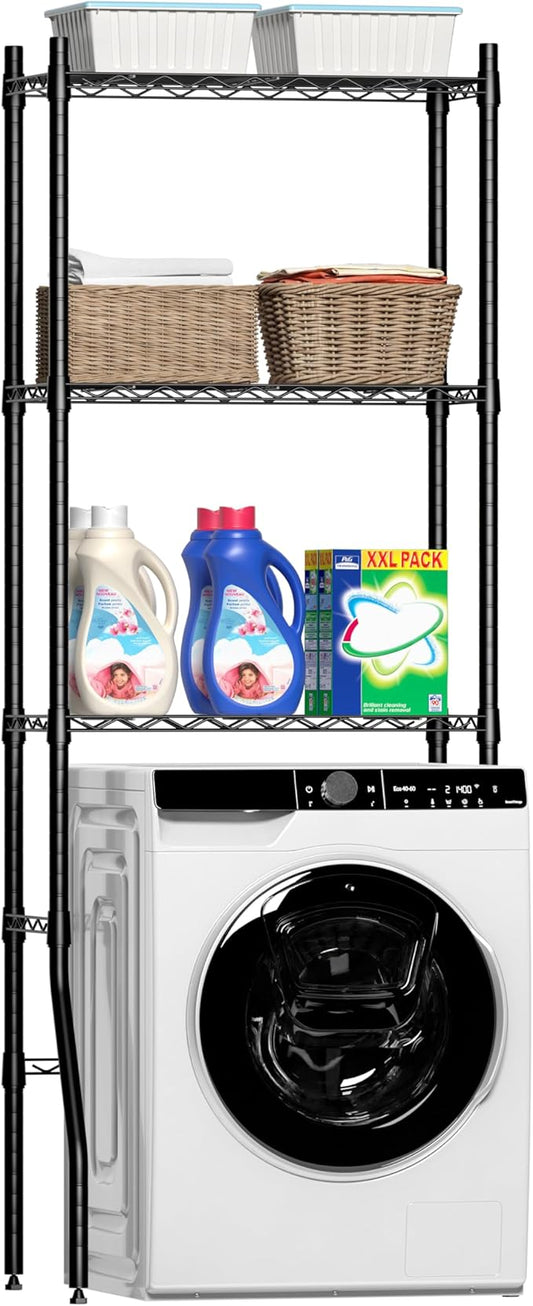 Laundry Room Storage Shelf & Organizer, 3 Tier Over Metal Washer and Dryer Shelves, Washing Machine Shelf, Adjustable Height & Feet, Bathroom Space Saver Shelf, 23.6" L x 13.8" W x 63.2" H, Black